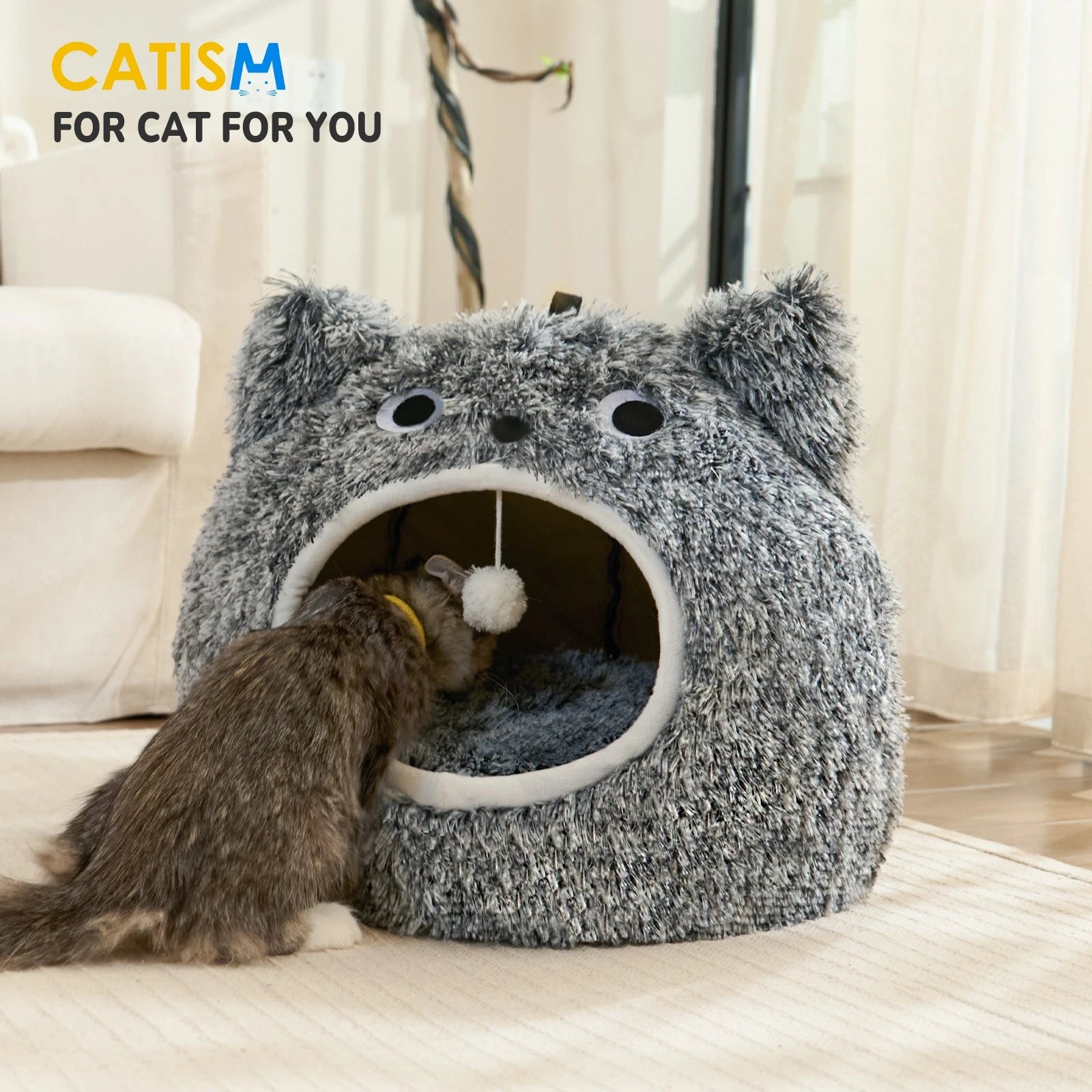 Cat Bed for Indoor Large Cave with Removable Pillow Non-Slip Base