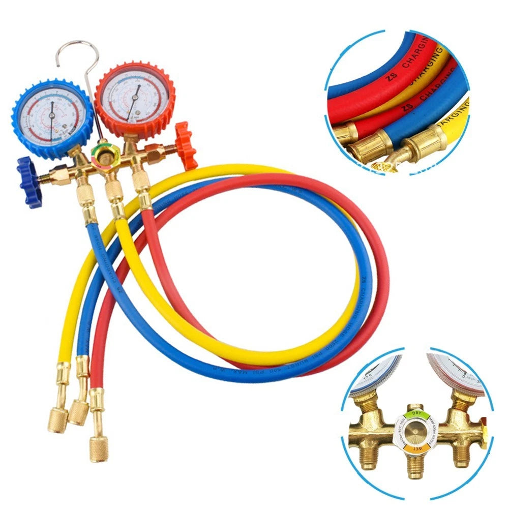 Brass Manifold Gauge Set with Color Coded Gauges and Hoses