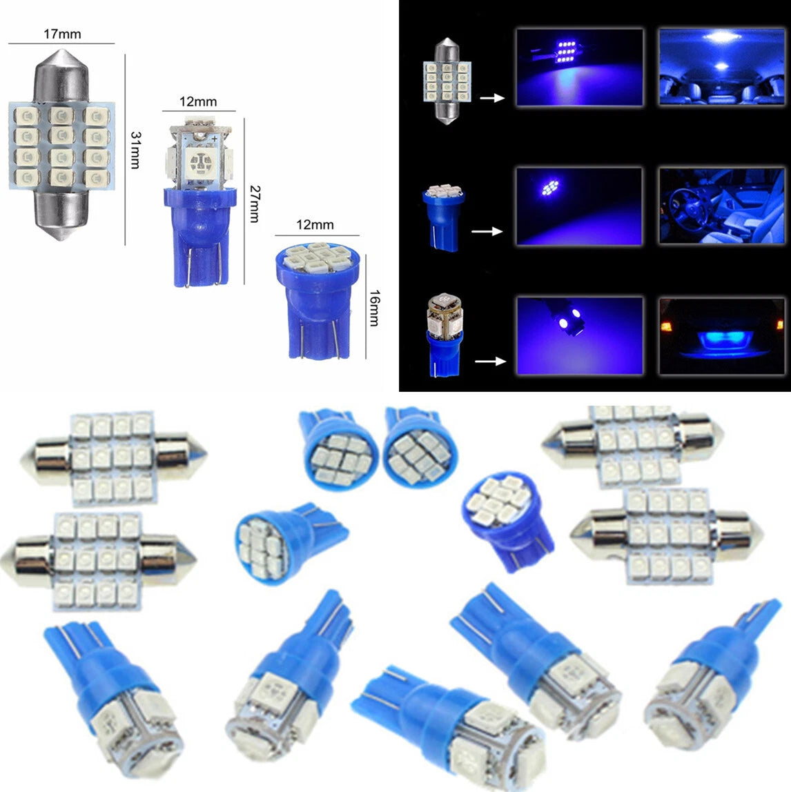 13x Blue Bulbs Car Interior T10 & 31mm Map Dome License Plate Light Lamp Kit