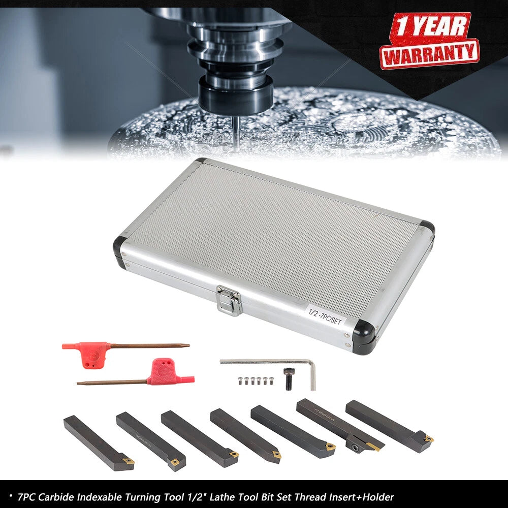 7PC Carbide Indexable Turning Tool Bit Set for Lathe (1/2")