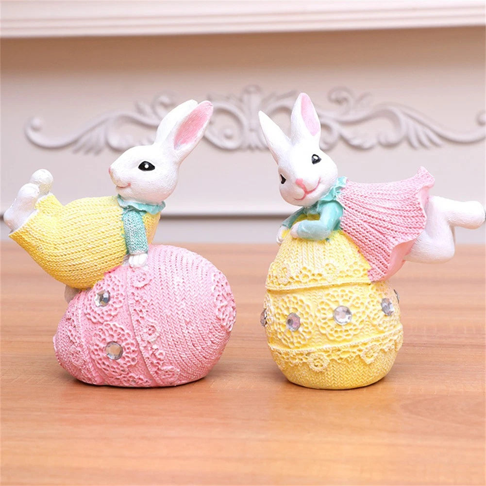 Set of 2 Easter Bunnies Decorative Figurines in Resin