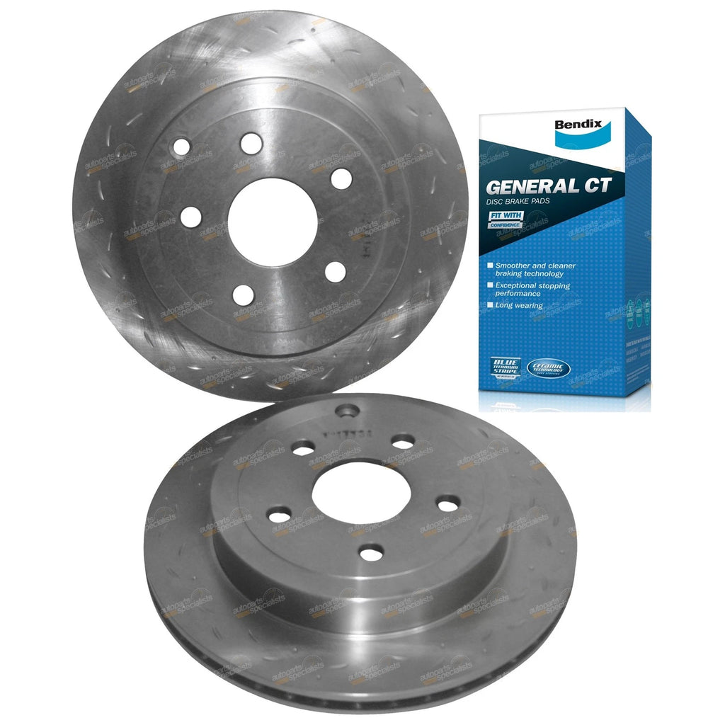 Rear Disc Brake Rotors Slotted Drilled + Bendix GCT Pads for VE VF Commodore (2013–2017)