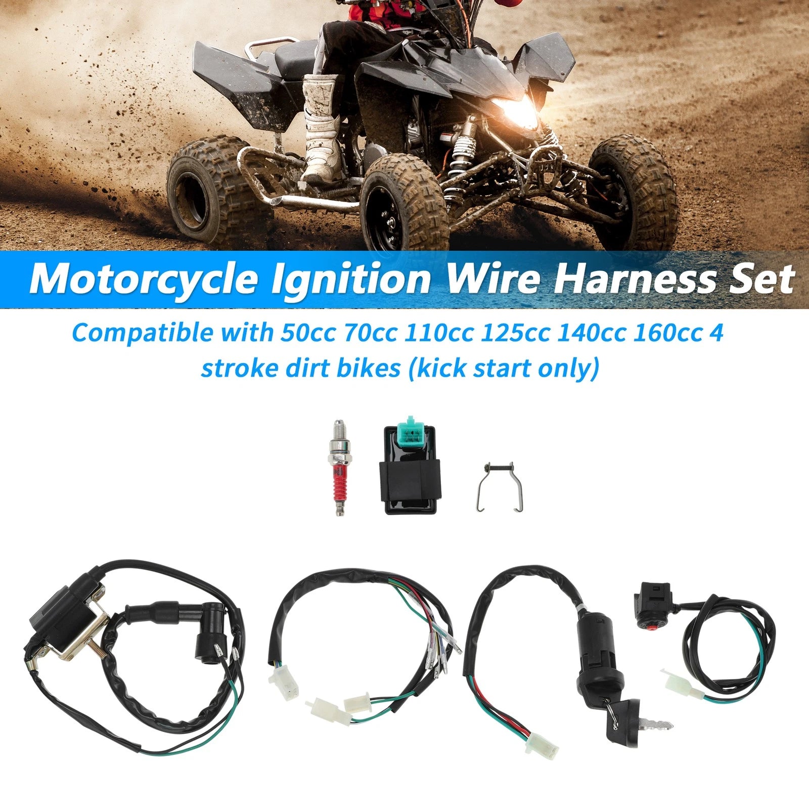 Ignition Wire Harness Key Switch CDI Spark Plug Kit for Motorcycle
