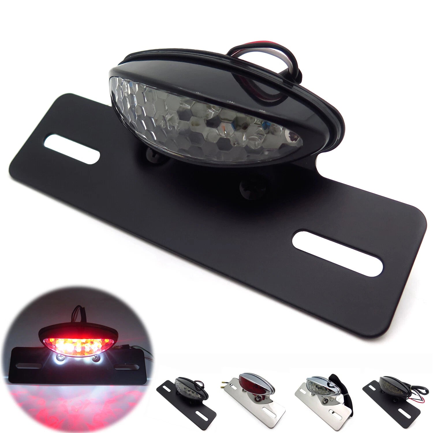 Cat Eye Tail Light License Plate Bracket for Motorcycle (Smoke Clear, Red)