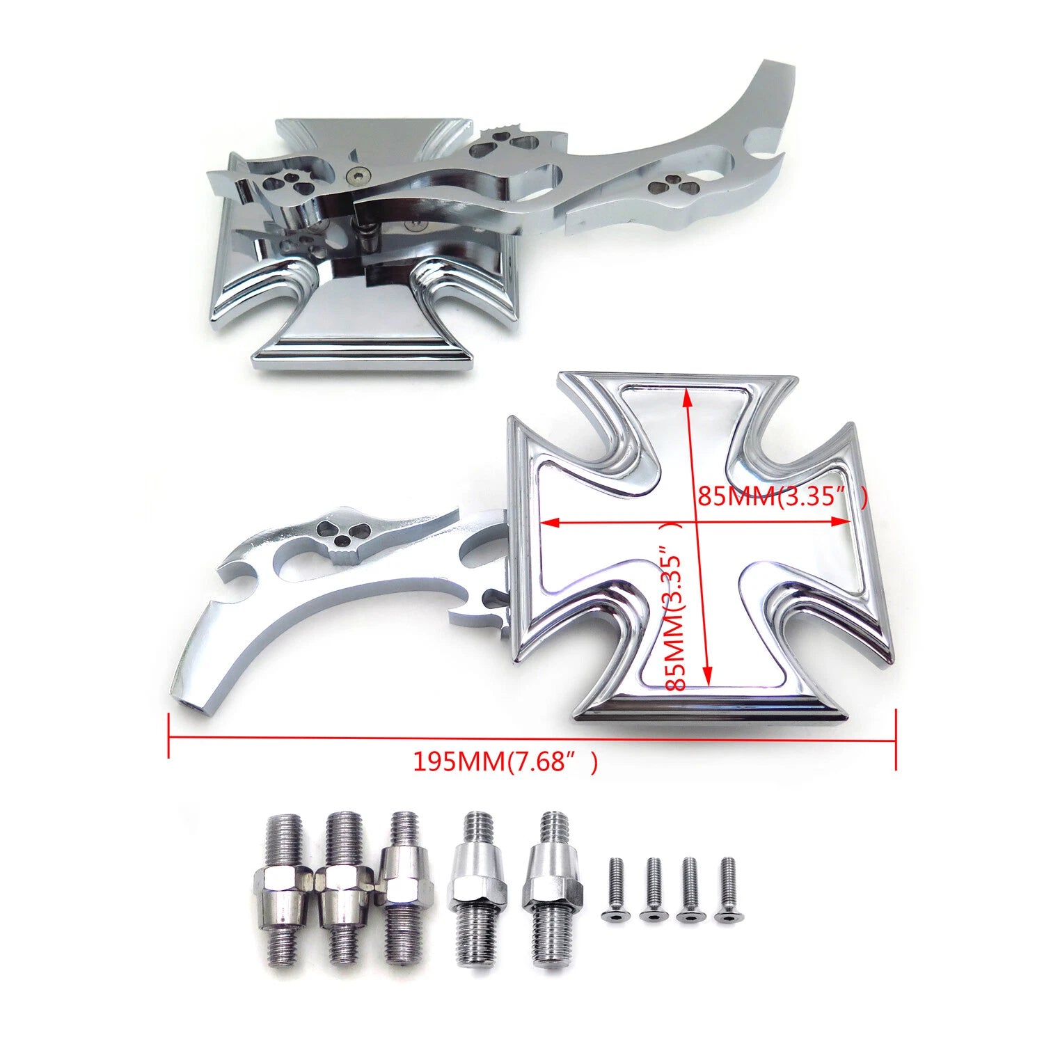 Maltese Cross Flame Chrome Billet Acrylic Mirrors Universal Fit