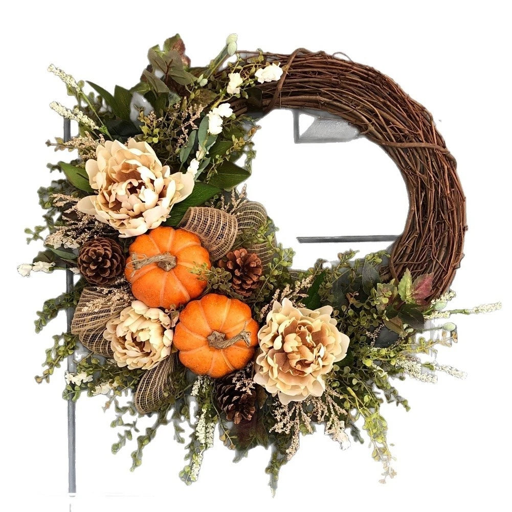 Orange Fall Wreath 45cm with Pumpkin Maple Leaf and Eucalyptus