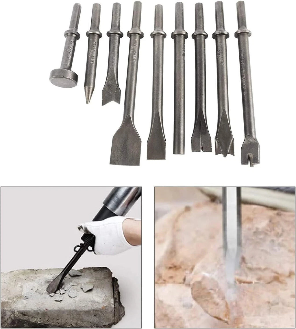9 Pack Pneumatic Air Hammer Punch Chisel Bits 0.39 In Shank Tools Set