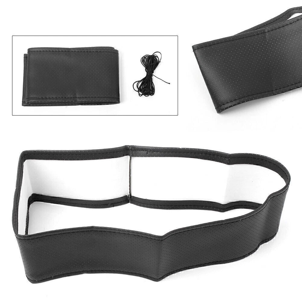 Split Leather Steering Wheel Cover W/Needles and Thread Fit Car Truck Black