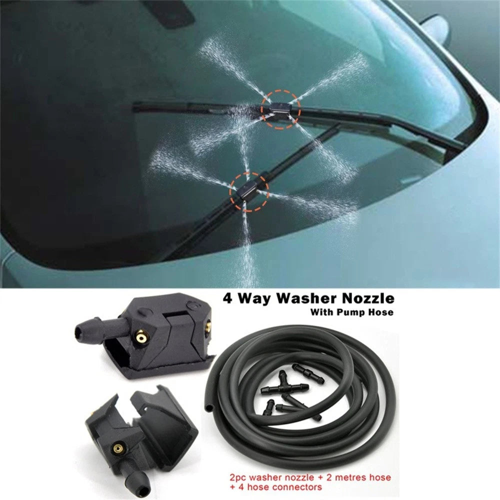 2pcs Front Windscreen Wiper Arm Washer Nozzle Jets 4 Way With 2m Pipe Hose Kit
