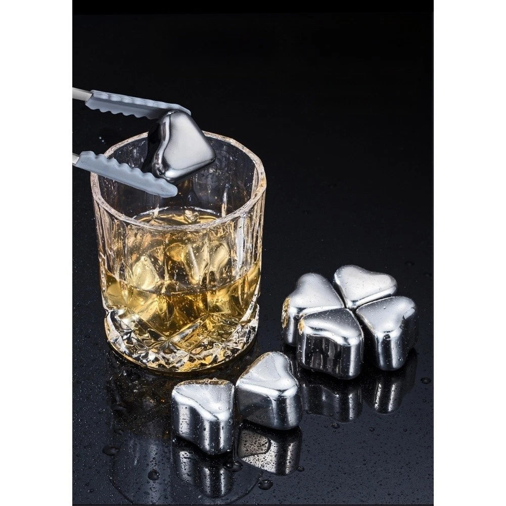 Set of 4 Mirror Polished 304 SS Heart Ice Cubes for Beverage Presentation