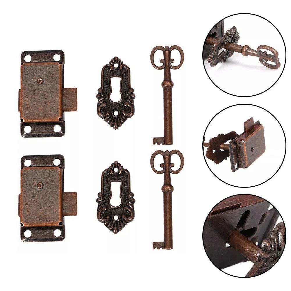 2X Retro Curio Cabinet Door Lock Set with Decorative Cover Antique Bronze