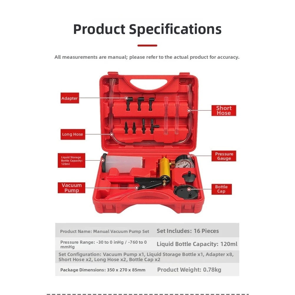 Manual Brake Bleeder Kit with Vacuum Pump and Dual Scale Gauge for Auto Use