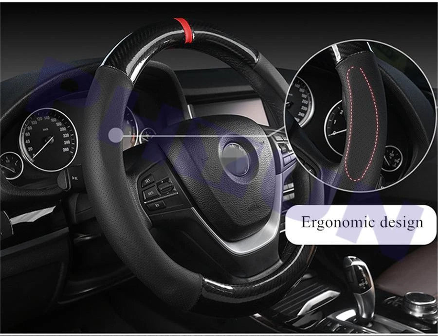 D Shape Steering Wheel Cover for Universal Fit (Black Leather, Carbon Fiber)