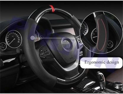 D Shape Steering Wheel Cover for Universal Fit (Black Leather, Carbon Fiber)