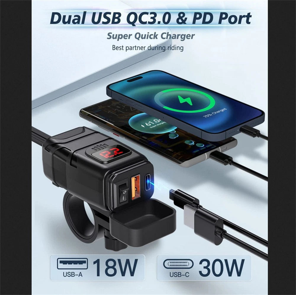 QC 3.0 Motorcycle Dual USB Phone GPS Fast Charger Adapter w/ Red LED Voltmeter