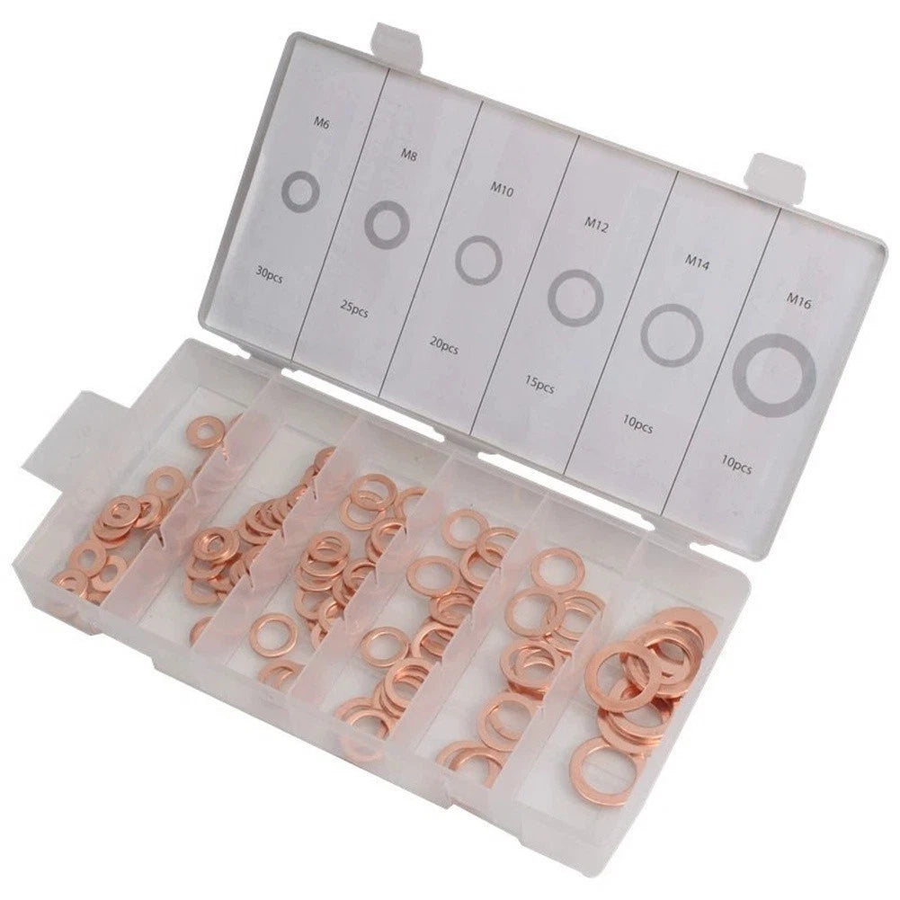 Copper Flat Washer Gasket Seal Kit Set 110 Pieces with Plastic Storage Box