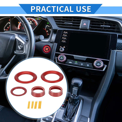 Set of 5 AC Engine Start Speaker Switch Knob Cover Ring for Honda Civic (2016–2021) Red