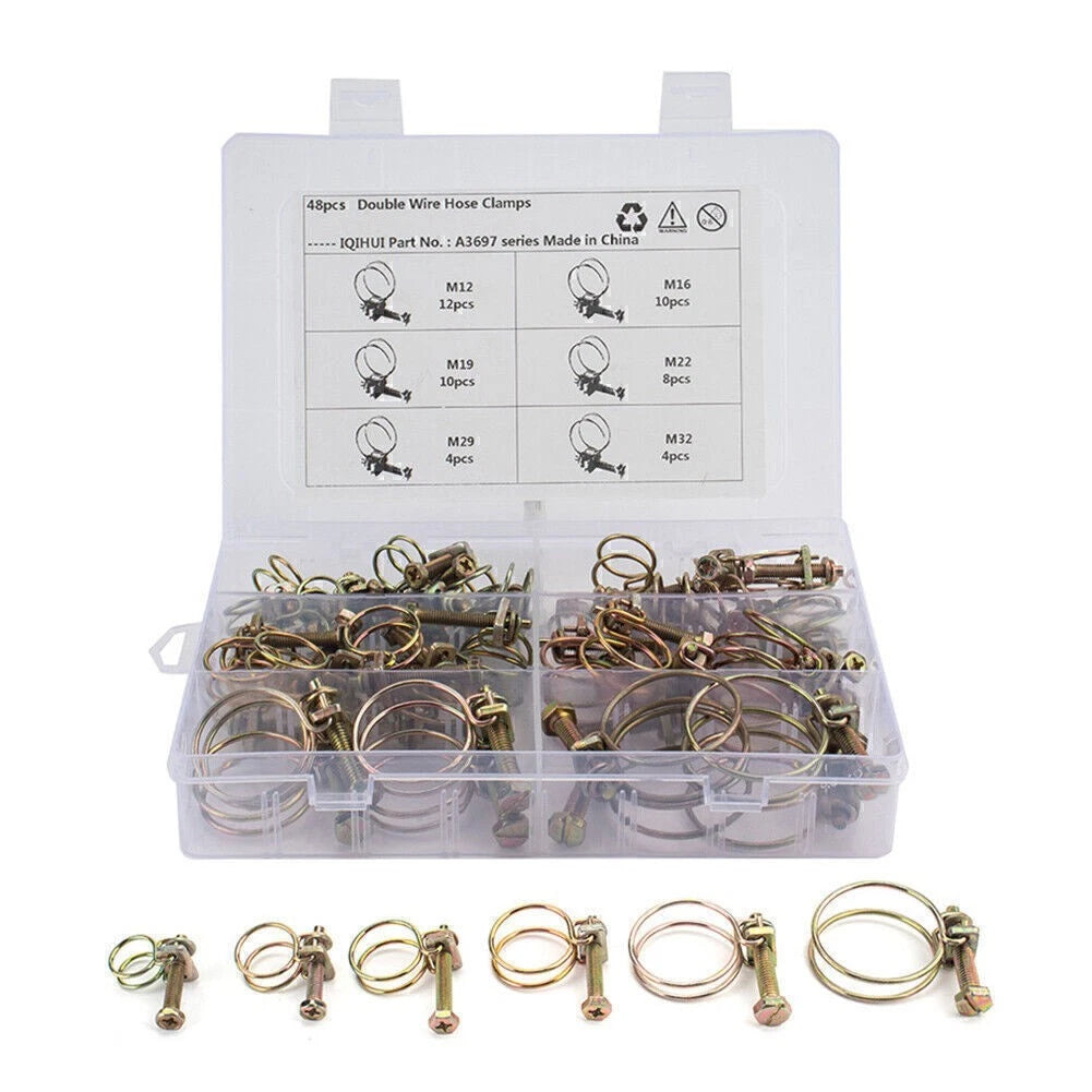 48PCS Double Wire Hose Clamp Kit for Universal Applications (Classic Type)