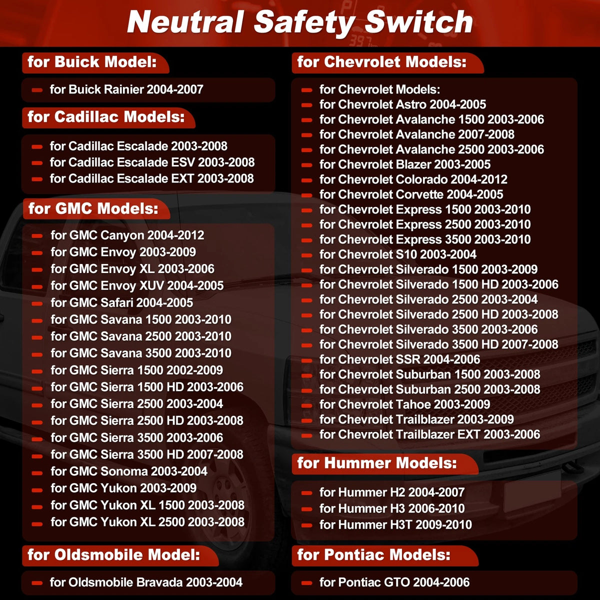 Neutral Safety Switch Rear for Cadillac for GMC for Hummer (1984–1998)