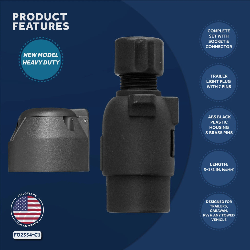7-Way Round Trailer Plug Adapter and Socket for Five Oceans (FO2354-C1)