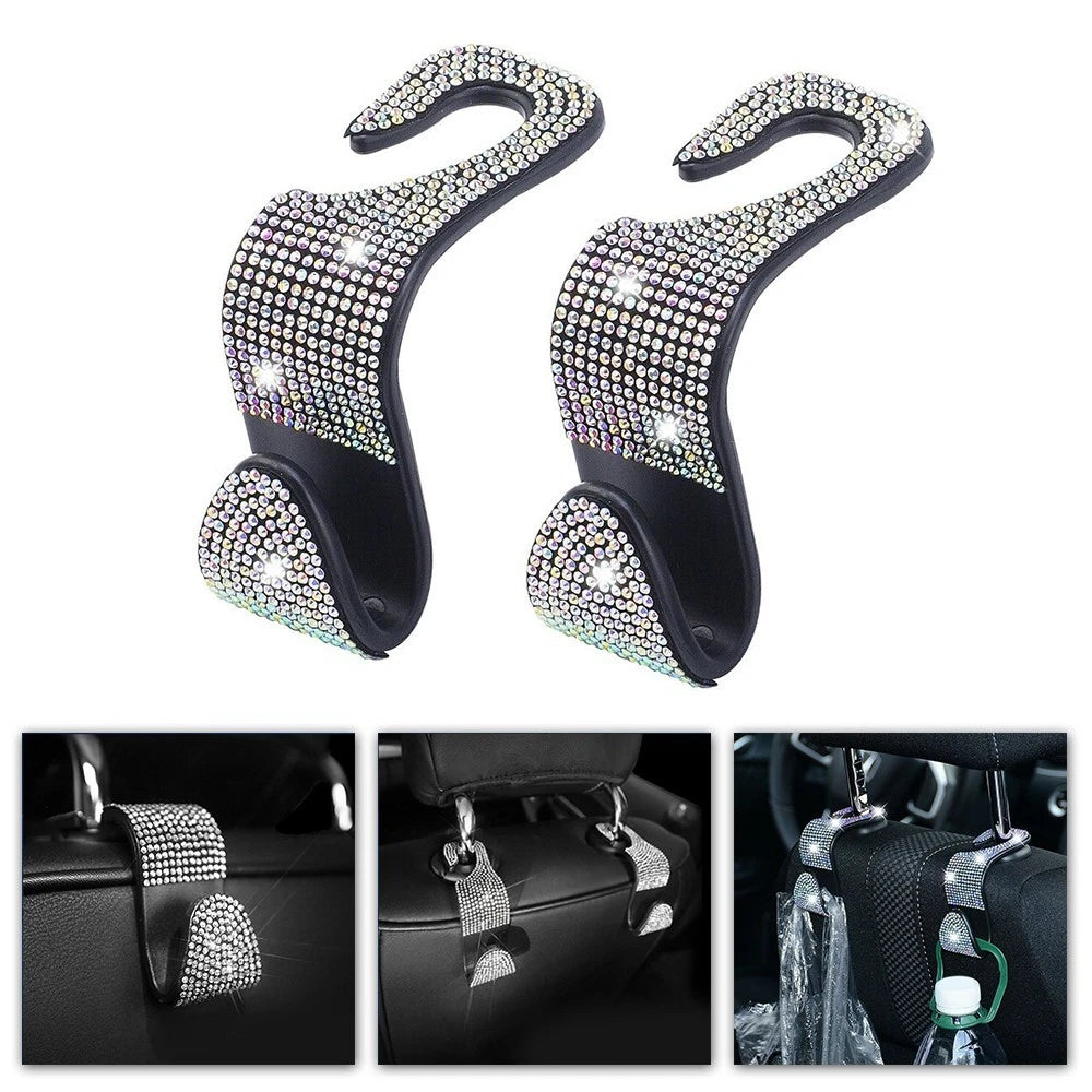 2X Rhinestone Back Seat Headrest Hanger Hooks for Car