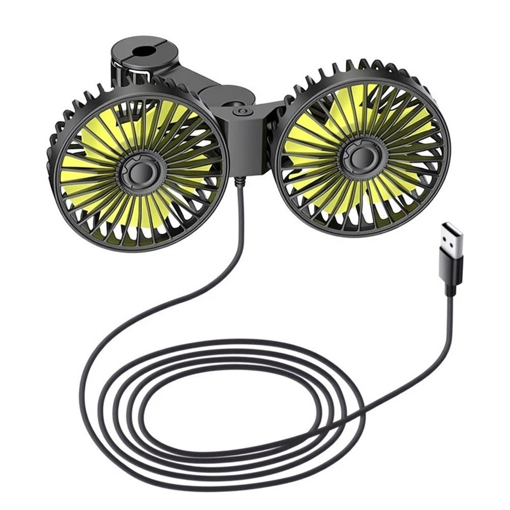 Dual Head Car Fan USB 360 Degree Adjustable Rotation 3 Speed Black Yellow