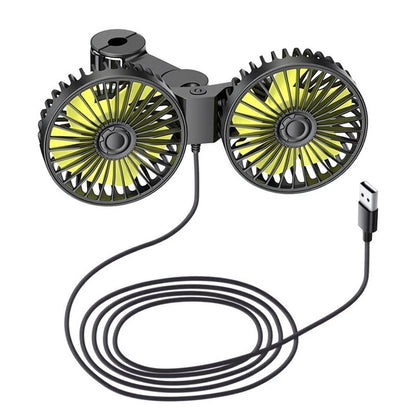 Dual Head Car Fan USB 360 Degree Adjustable Rotation 3 Speed Black Yellow