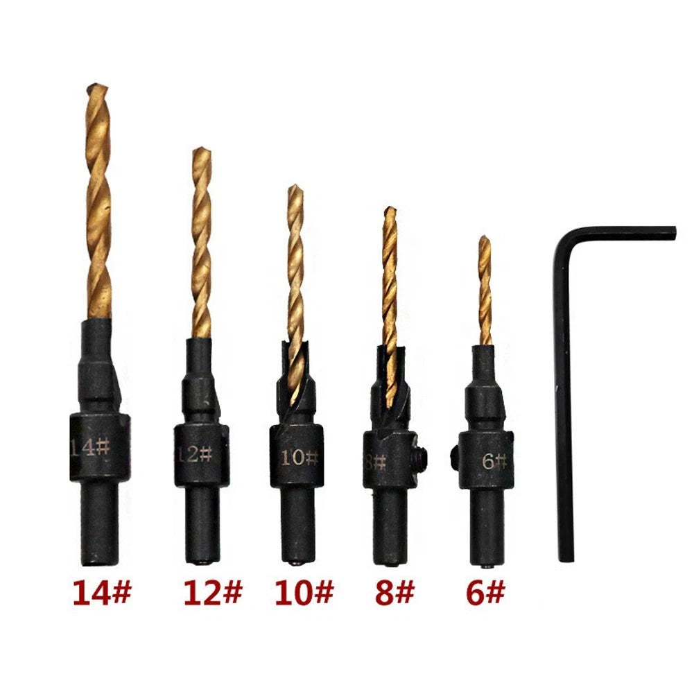 Set of 5 Countersink Drill Bits for Screw Sizes 5-14#