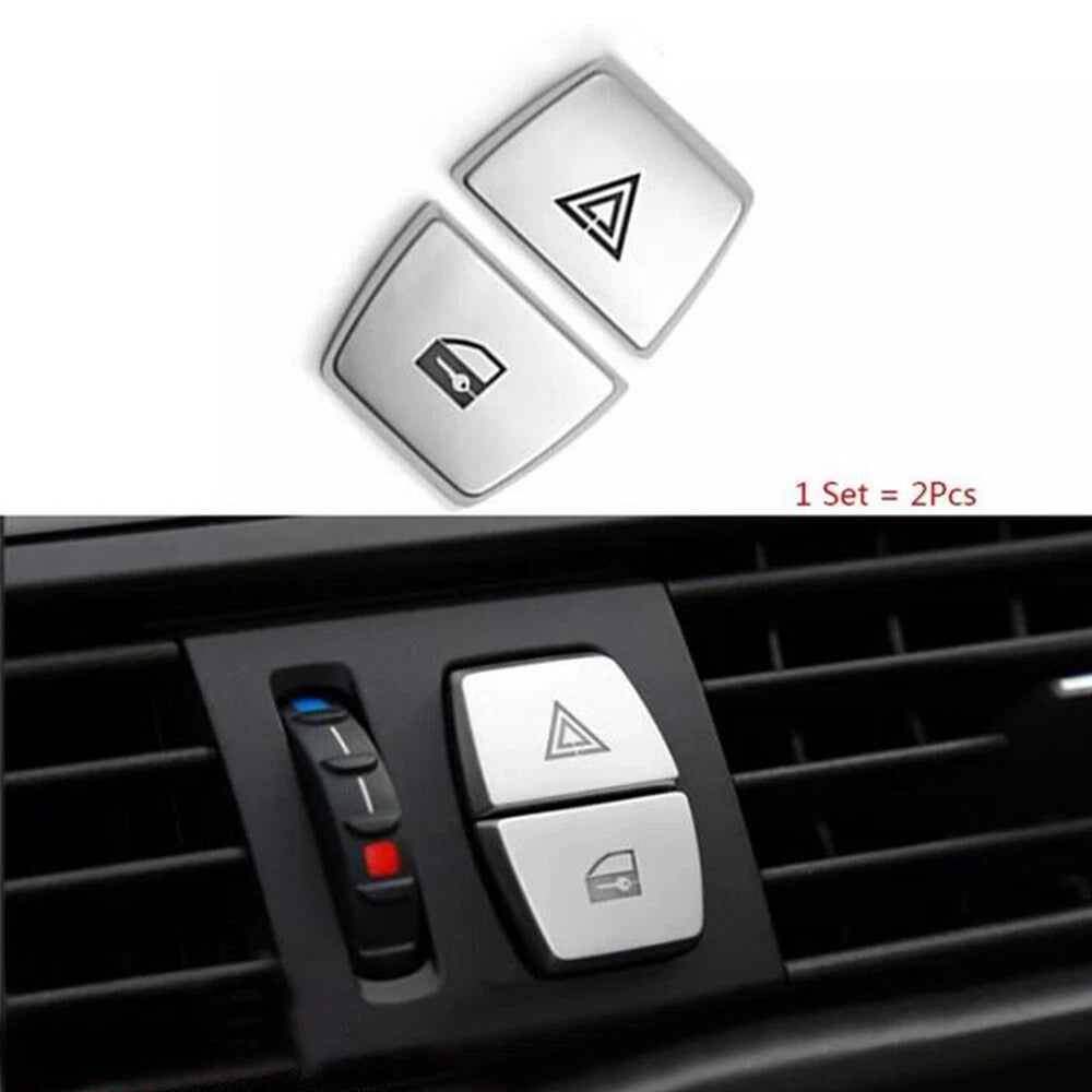 2Pcs Silver Car Warning Light Button Cover Trim For 2011-2017 BMW 5 6 7 Series