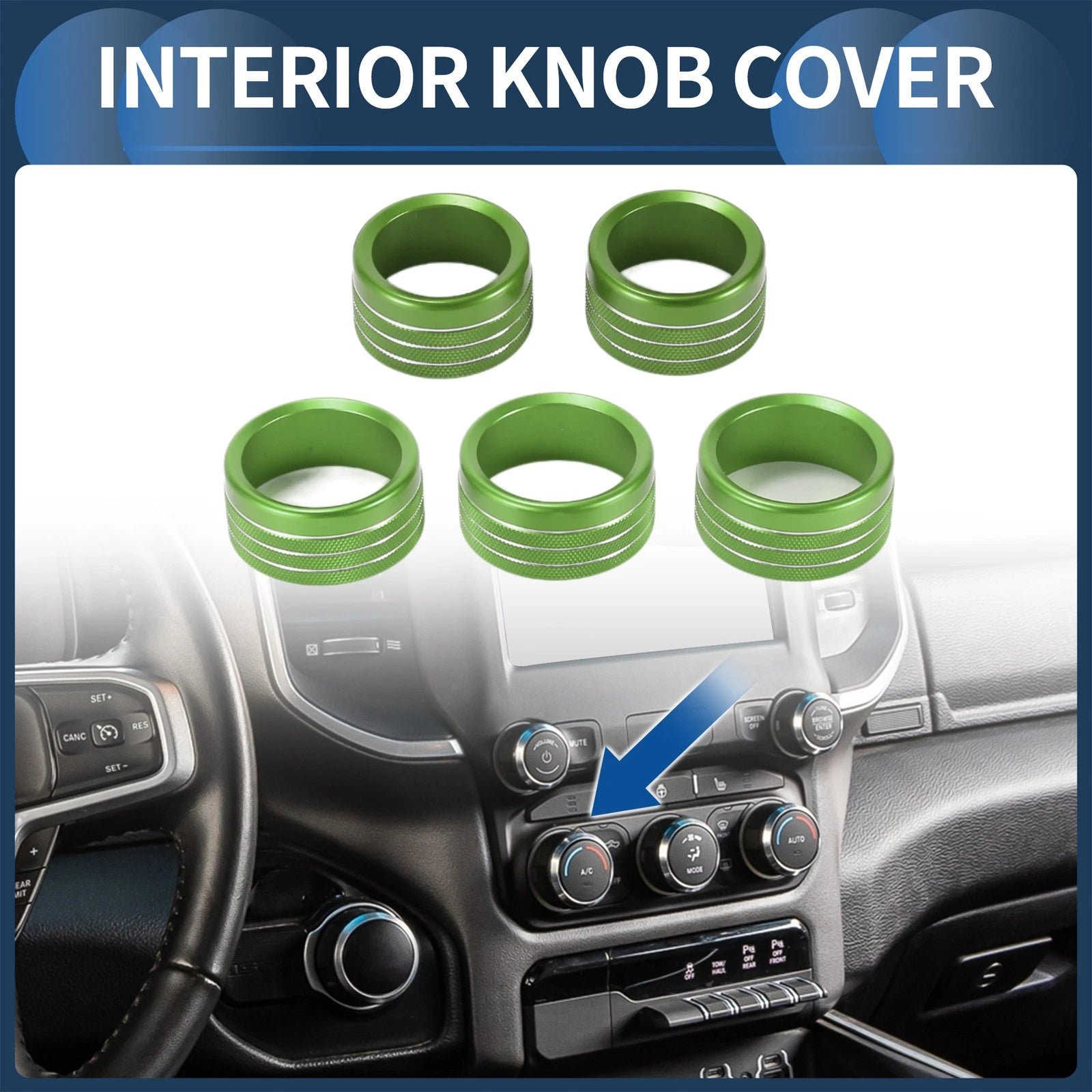 AC Media Volume Switch Knob Cover Ring for Dodge RAM (2018–2022) 5 Pcs Green