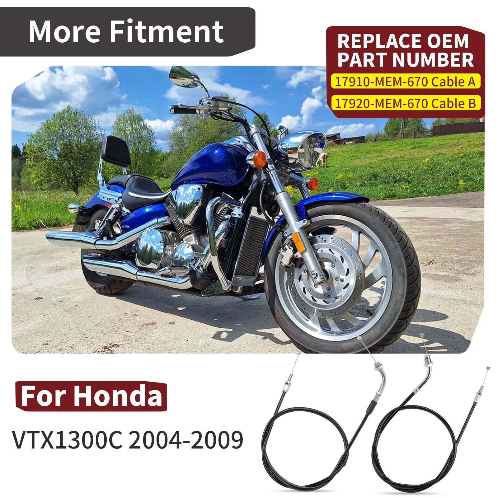 Throttle Cable Set for Honda VTX1300C (2004–2009) 17910-MEM-670, 17920-MEM-670