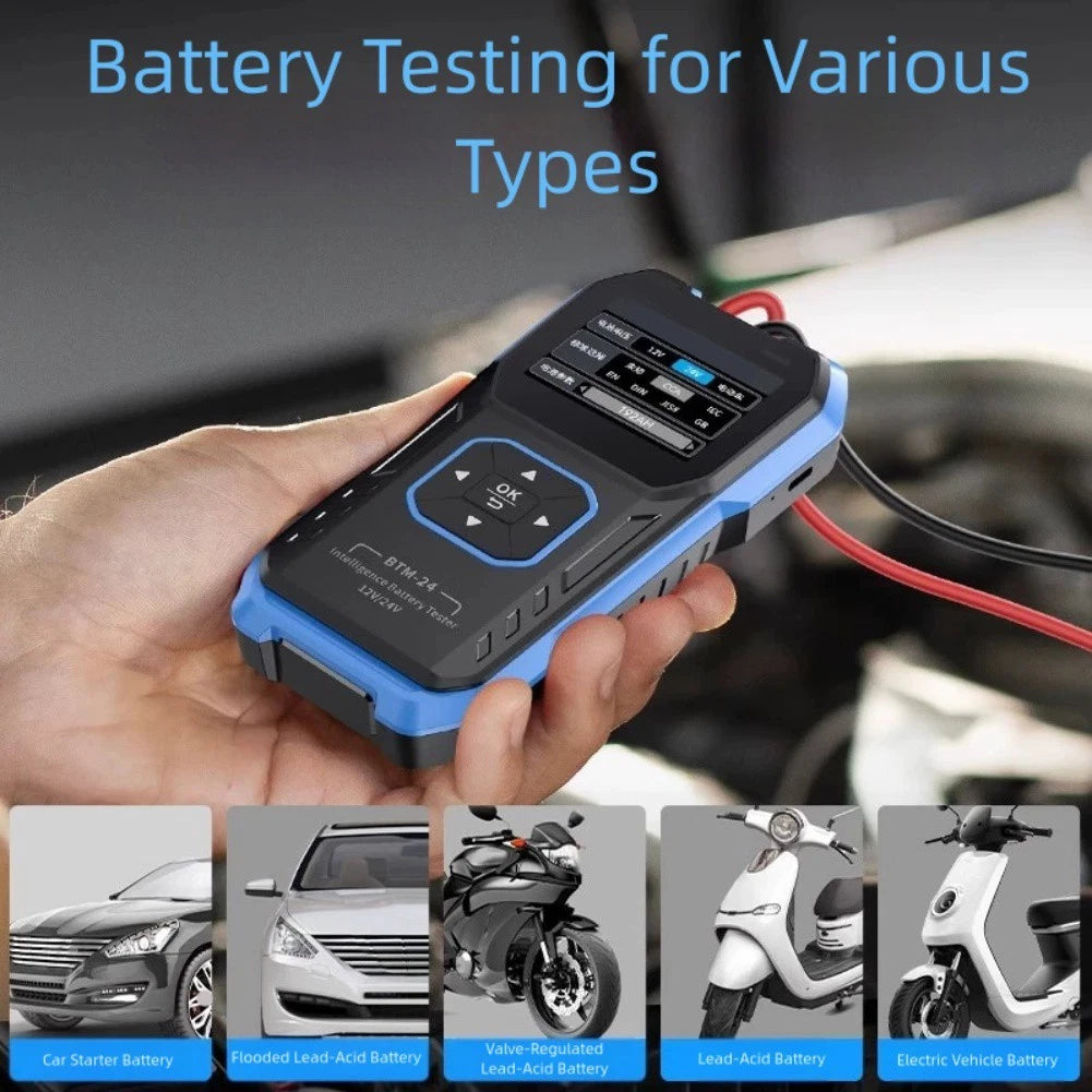 BTM24 Car Battery Tester for 12V 24V Vehicles (Reverse Polarity Protection)
