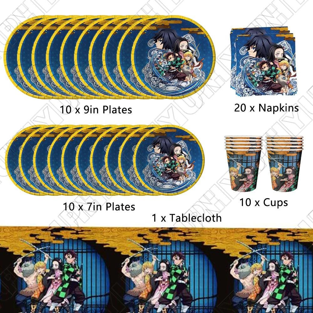 51 pcs Demon Slayer Tableware Set includes Plates, Cups, Napkins, Tablecloths