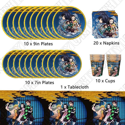 51 pcs Demon Slayer Tableware Set includes Plates, Cups, Napkins, Tablecloths