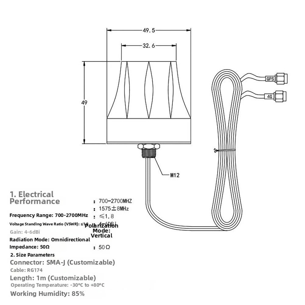 4G GPS Antenna for Outdoor Use - Omnidirectional 50 Ohm, 4-6 dBi