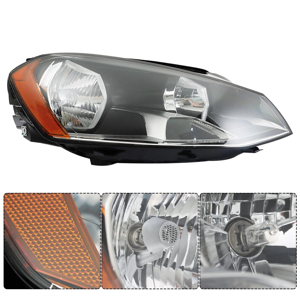 Headlight Headlamp Right for Volkswagen Golf (2015–2017) Halogen Black Clear Lens