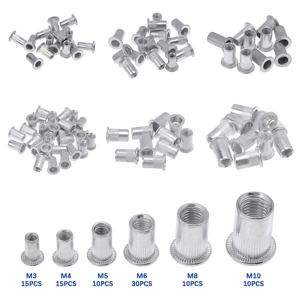 90Pcs Rivet Nut Set M3 M4 M5 M6 M8 M10 Aluminum Flat Head Inserts