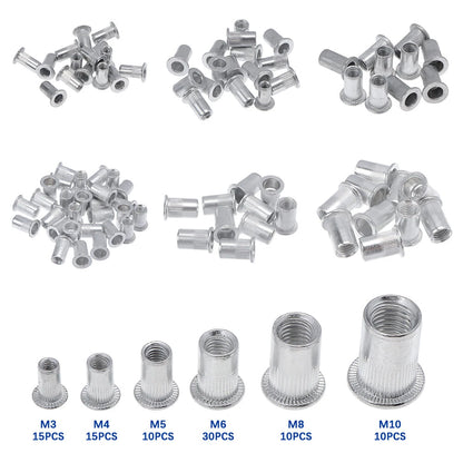 90Pcs Rivet Nut Set M3 M4 M5 M6 M8 M10 Aluminum Flat Head Inserts