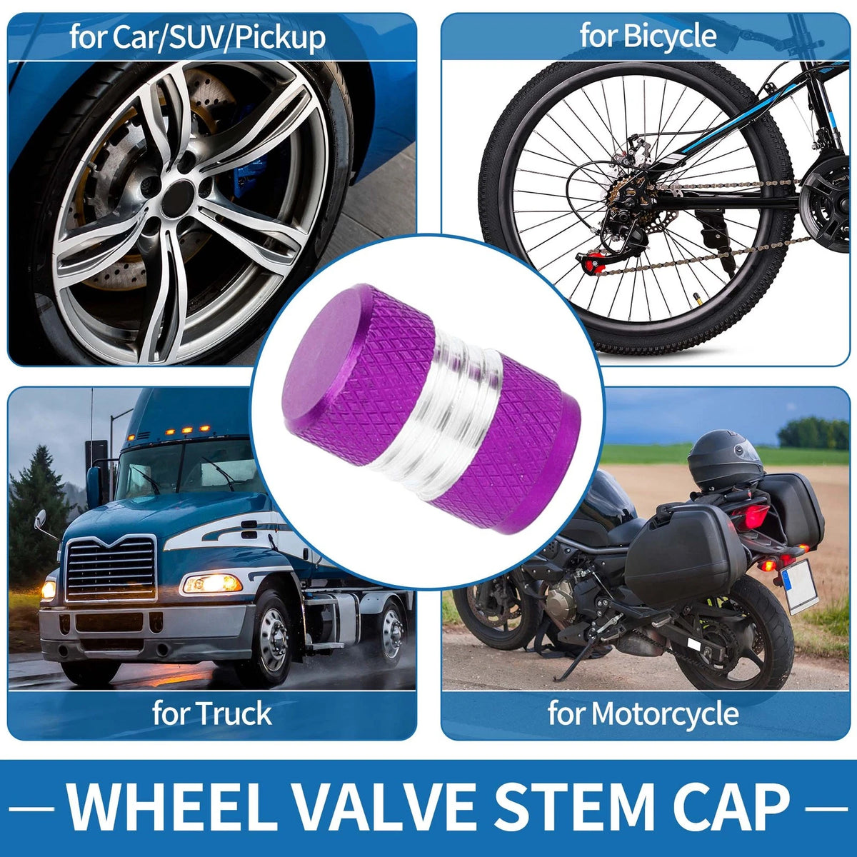 Valve Stem Caps 10x16mm Replacement Purple for Car SUV Truck RV Bike (8pc)
