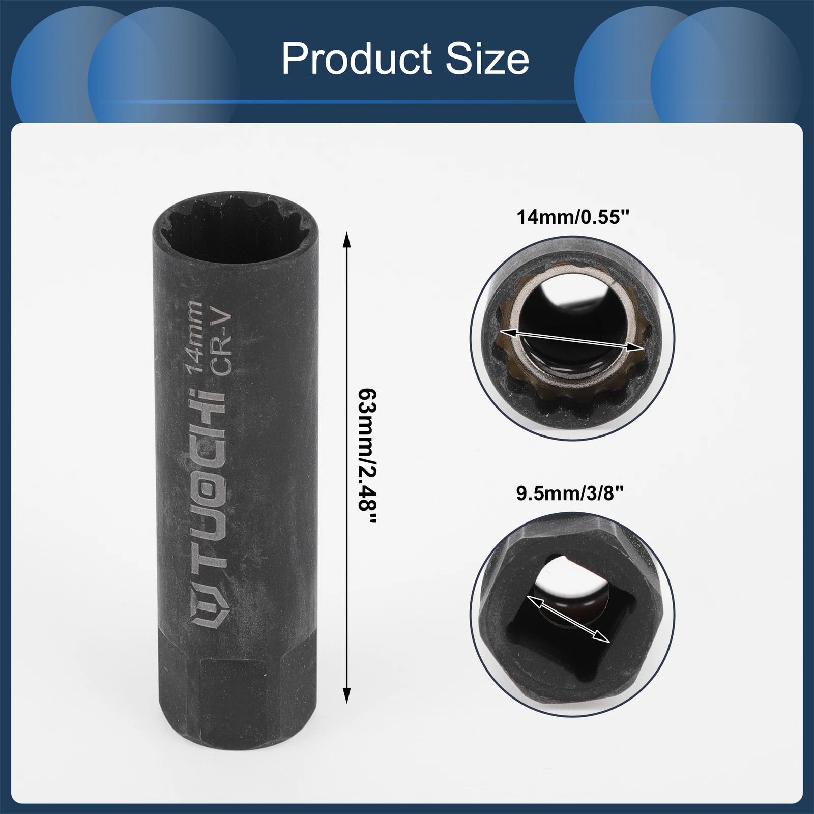 3/8 Inch Drive Spark Plug Impact Socket 14mm 12 Point CR-V Black