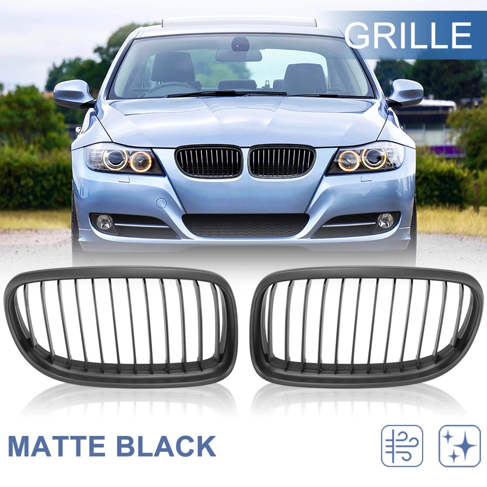 Front Grille Matte Black Hood Kidney Grill for BMW E90 E91 4-Door (2009–2011)