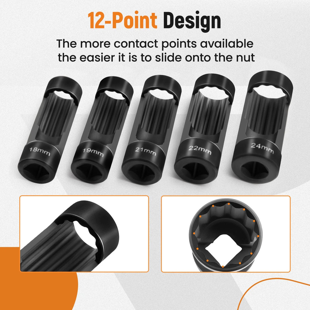5PCS Strut Nut Socket Set 18mm 19mm 21mm 22mm 24mm 1/2" Drive