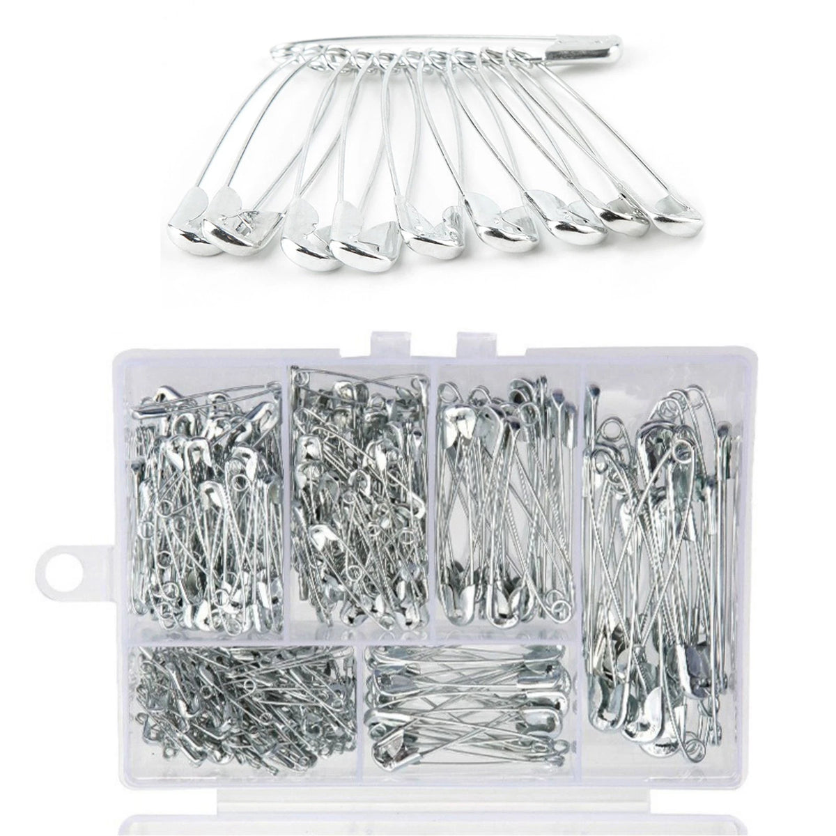 300x Steel Safety Pins Assorted Heavy Duty Nickel Plated