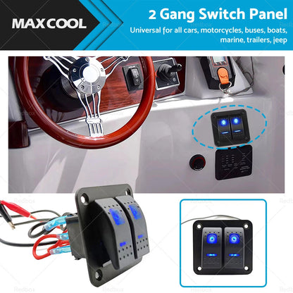 2 Gang Blue LED Rocker Switch Panel for Boat Car (Waterproof)