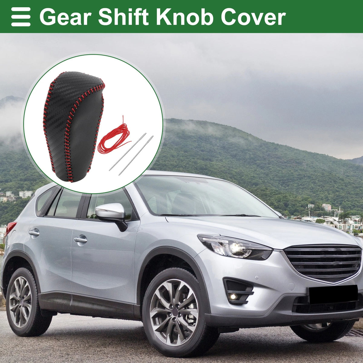 Gear Shift Knob Cover for Mazda CX-5 (2017–2022) Black Carbon Fiber Red Leather