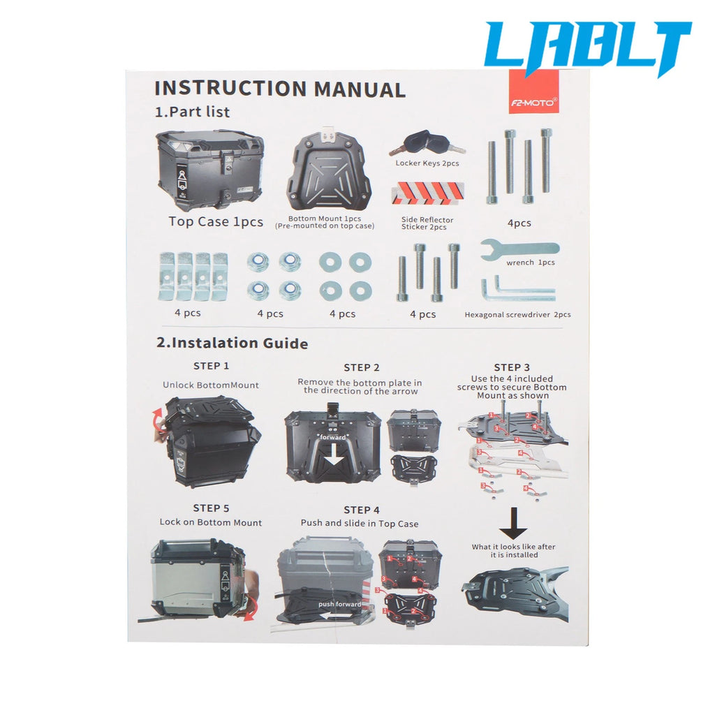 45L Motorcycle Rear Tour Box Top Case for LABLT (Waterproof, Security Lock)