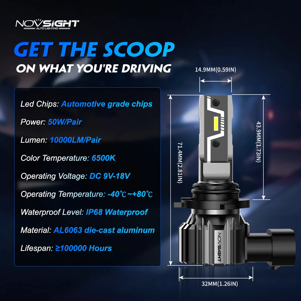 2X 9006 LED Headlight Bulbs for NOVSIGHT (10000LM 50W)