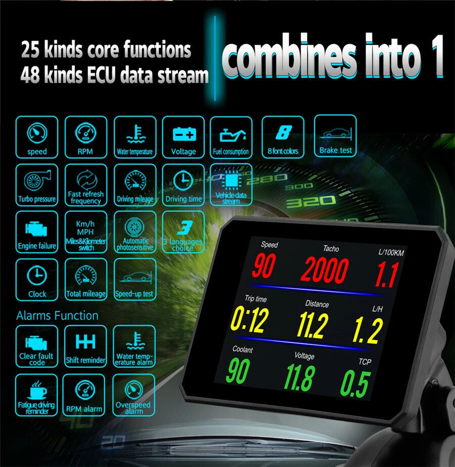 3.9" Multi-functions OBD2 HUD Parameter Gauge Car Head UP Display with Bracket