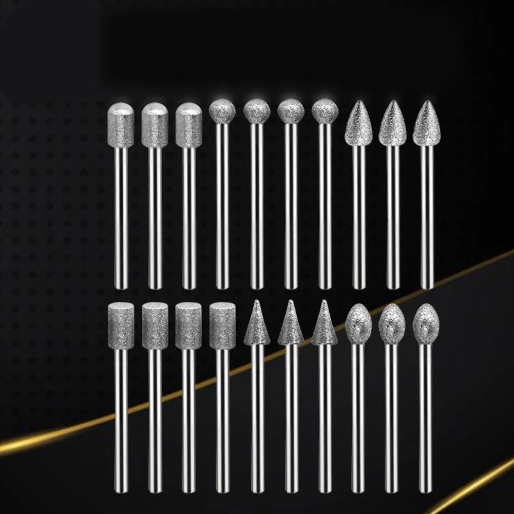 20 Pcs Rotary Tool Bits Diamond Burr 3mm Shank for Carving Grinding