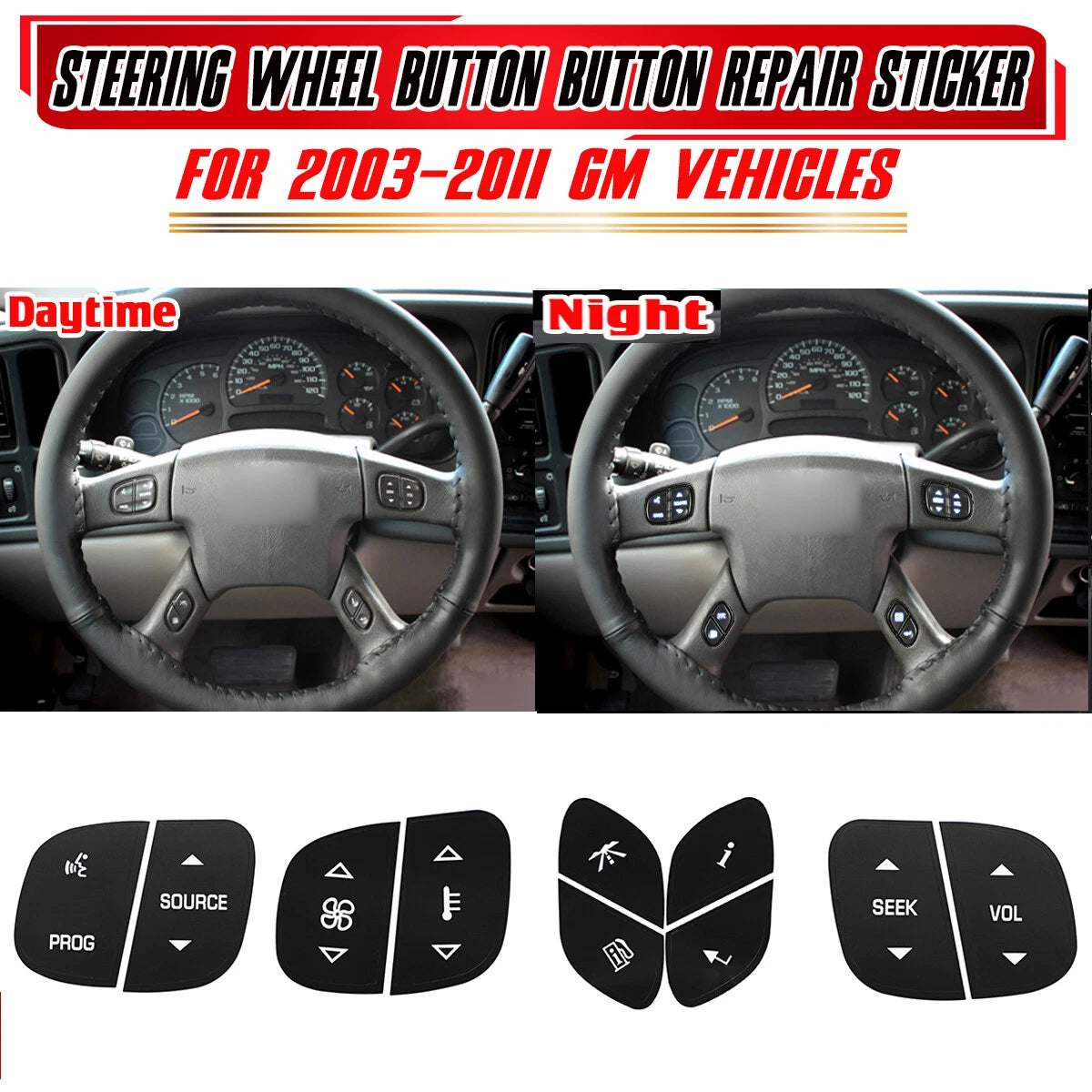 Set of 4 Steering Wheel Button Repair Stickers for GM Vehicles (2003–2011)